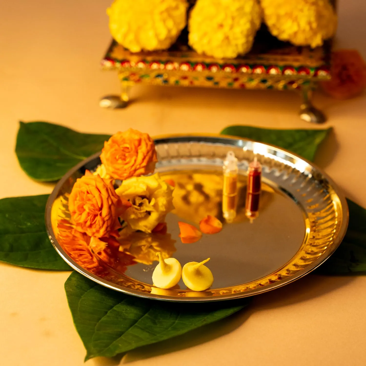 PrettyKrafts Pooja Thali Big Size  8.2 inch Brass Plate for Puja Golden Thali for Pooja Plate